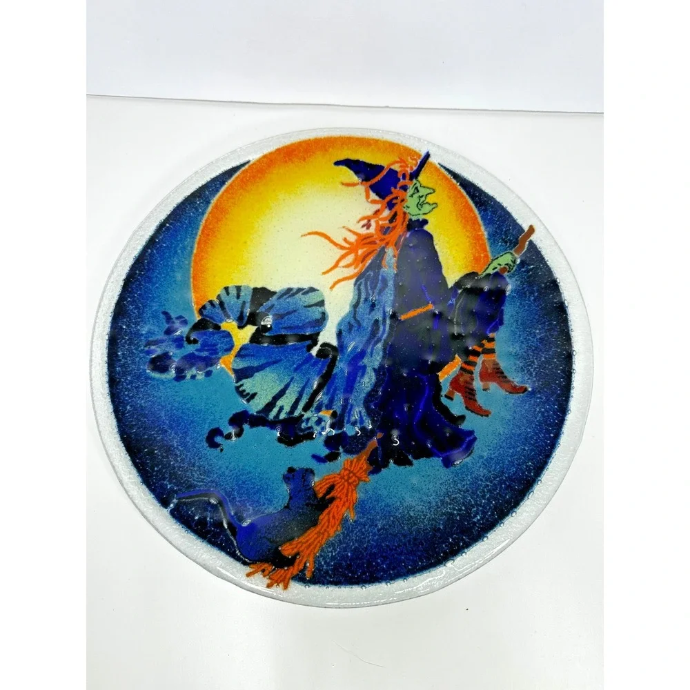 Peggy Karr Fused Glass Halloween Plate Witch Cat Art 11 in
